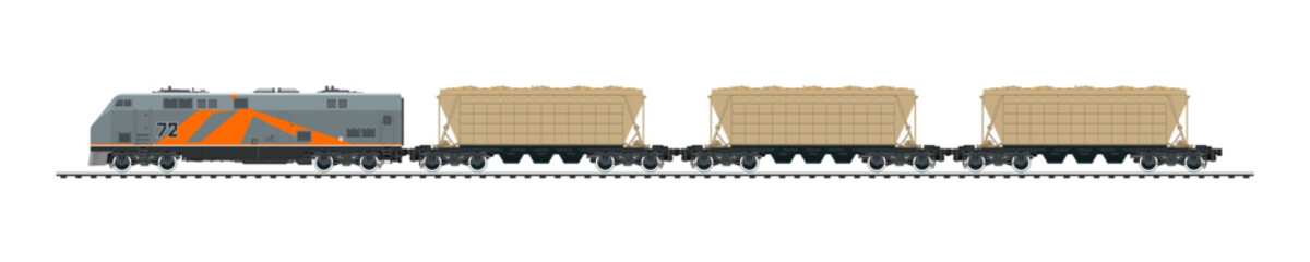 Fototapeta na wymiar Railway freight wagons, locomotive with hopper cars for transportation freights , railway and container transport banner, overland transport, vector illustration