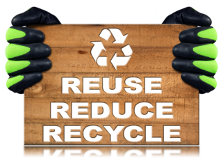 Carpenter with protective work gloves holding a brown striped wooden plank with text Reuse, Reduce and Recycle. Isolated on white or transparent background. Sustainable Resources concept. Png.