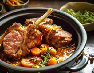 Mouth-watering lamb shoulder roast with apricots carrots onions and thyme in cast Dutch oven. Traditional African Moroccan cuisine dish specialty for family dinner holiday celebrations