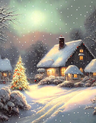Vintage Christmas New Years greeting card with winter scene in countryside. Houses rooftops covered with snow decorated fir trees golden garland lights. beautiful night sky. Calm magical mood