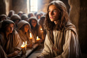 Jesus Christ at a young age preaching and teaching in the synagogue to the kids of Israel Generative AI Illustration