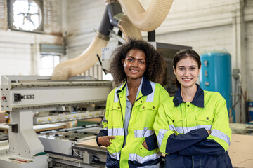 women worker team staff employee in industry factory happy smiling portrait standing together...