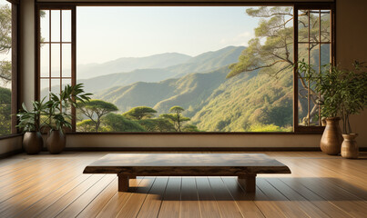 Empty traditional Japanese style room with tatami mat floor in sunlight from wood shoji - obrazy, fototapety, plakaty