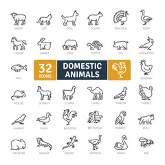  Domestic Animals Icons Pack. Thin line animal icons set. Simple vector icons
