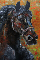 Portrait of a horse - oil painting. Abstract drawing of a horse on a orange background. Conceptual abstract multicolor close up handmade oil painting on canvas