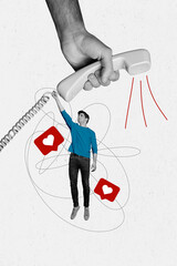 Collage photo pinup of young funny man hanging retro telephone calling his girlfriend find love...