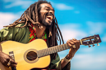 Rastafarian playing the guitar in the street - obrazy, fototapety, plakaty