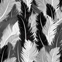 Fototapeta premium Elegant black and white abstract feathers seamless pattern. AI illustration..