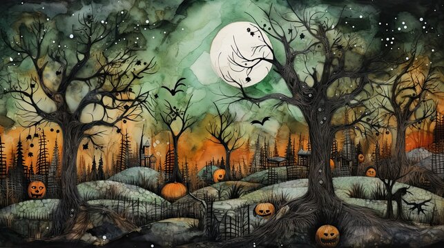 Foggy Spooky forest watercolor background. Fantasy landscape with mysterious trees. Dark scary woodland scene. Halloween concept. AI illustration..