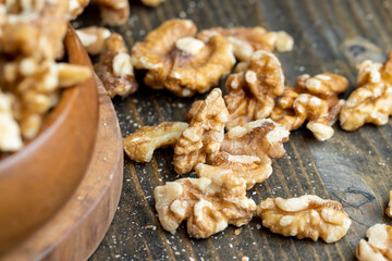 Walnut kernel on the kitchen table during cooking
