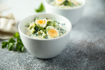 Traditional homemade cold soup with yogurt and herbs