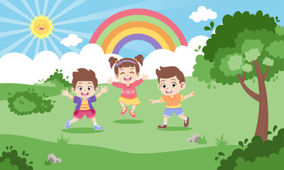 Vector kids jumping under rainbow colorful cartoon