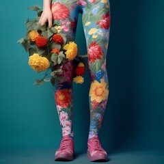 Female legs in colorful tights with flowers on a blue background.