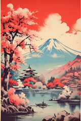 vintage temple japanese landscape poster ai generated art
