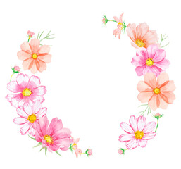 Fototapeta na wymiar カラフルなコスモスの花のフレーム水彩イラスト