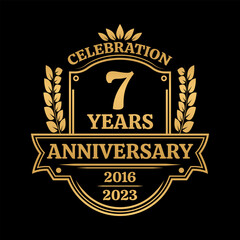 7 years anniversary icon or logo. Vintage birthday banner design. 7th anniversary jubilee celebration badge or label. Vector illustration.