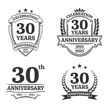 30 years anniversary icon or logo set. Vintage birthday banner design. 30th anniversary jubilee celebration badge or label collection. Vector illustration.