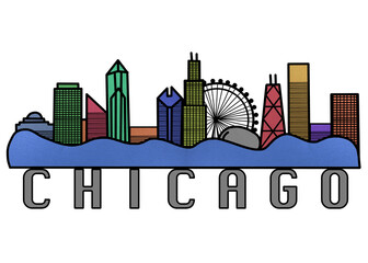 Chicago Skyline Colorful Horizontal Illustration, Line Art Silhouette of Chicago Illinois, USA Cityscape Drawing Banner