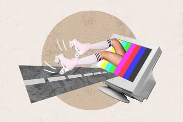 Image sketch collage comics zine of weird unusual young girl legs inside monitor riding sportive...