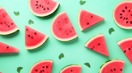Creative layout made of watermelon slices and green leaves on pink, black background. Flat lay, top view minimal summer concept.