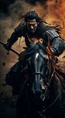 Fototapeta premium Ancient Samurai warrior riding on a horse into battle