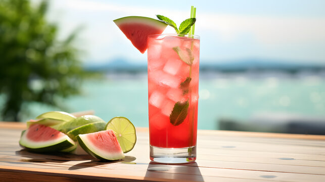 Refreshing summer drink with watermelon and ice in a glass on a wooden table on beach background