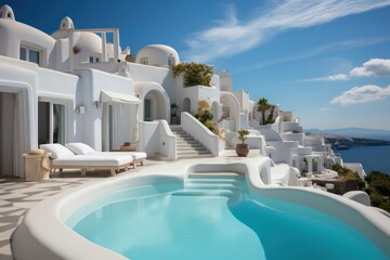 Obraz na płótnie Canvas Mediterranean luxurious exterior, outdoor area in a Greek Island Paradise. High end luxurious living room in a villa accommodation