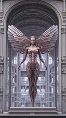 Figure of a woman with angel wings on the background of ancient columns Generative AI