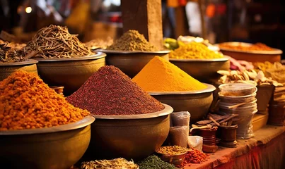 Poster Various aromatic colorful spices and herbs. Ingredients for cooking. Ayurveda treatments. © STORYTELLER