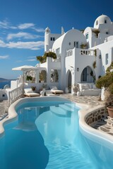 Exterior view of a luxurious, designer villa in Santorini, showcasing sleek architecture and an infinity pool - obrazy, fototapety, plakaty