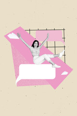 Vertical photo template picture collage dialogue discussion messenger woman have fun forum isolated on plaid beige color background