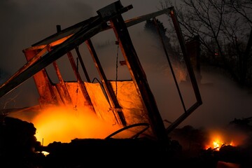 Fire in the private sector. Burning building, night view. Burning out remains of a wooden house at...