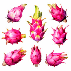 dragon fruit set watercolor on a white background created with Generative Ai