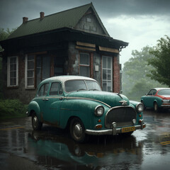 old car in front of the house