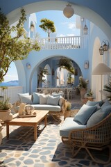 Fototapeta na wymiar Exterior view of a luxurious, designer villa in Santorini with an infinity pool