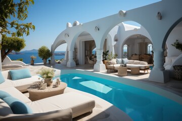 Fototapeta premium Exterior view of a luxurious, designer villa in Santorini with an infinity pool