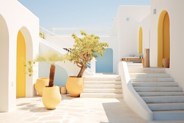 Fototapeta na wymiar Exterior of a sleek, modern villa in Santorini, showcasing luxurious design and a pool.