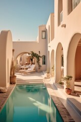 Obraz na płótnie Canvas Close-up of designer details in a luxurious Santorini villa with an exterior pool