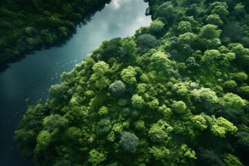 Naklejka na ściany i meble Aerial drone view of lake and green lush forest. Generative AI