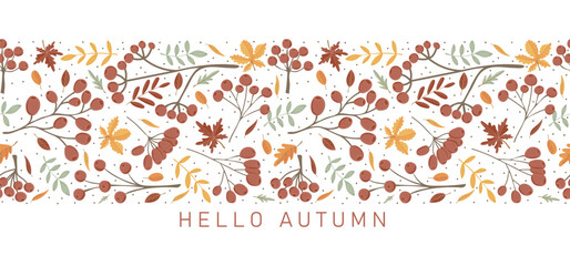 Hello autumn. Trendy design with autumn leaves, twigs and berries in minimalist style. Perfect background for banner, poster, flyer, cover. Vector illustration - obrazy, fototapety, plakaty