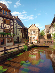 Historische Altstadt von Annweiler am Trifels mit Fachwerkhäusern und dem Fluss Queich im Sommer an der Grenze zwischen Pfälzerwald und Südlicher Weinstraße in Rheinland-Pfalz, Deutschland. 