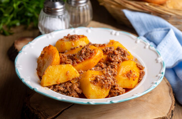 Traditional delicious Turkish food; meat potato dish . Turkish name; kiymali patates