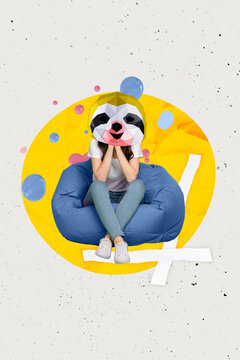 Vertical creative composite illustration photo collage of headless girl animal instead of head sit on pouf isolated painted background