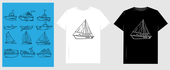 Vector graphic illustration for T-shirt. Funny cartoon line art boat image