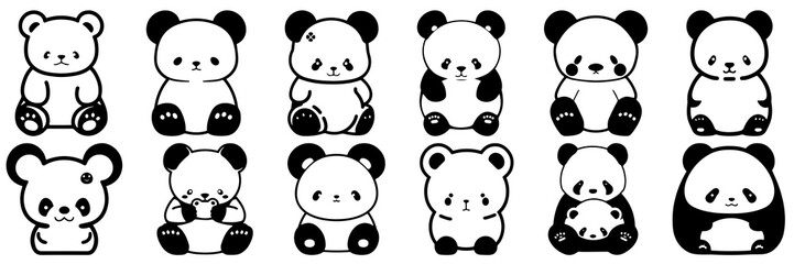 Kawaii panda silhouettes set, large pack of vector silhouette design, isolated white background