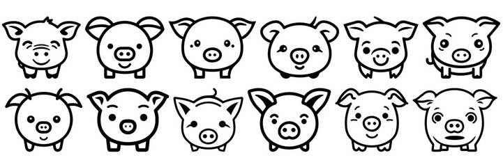 Kawaii pig silhouettes set, large pack of vector silhouette design, isolated white background
