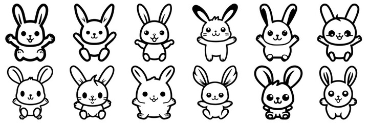 Kawaii rabbit silhouettes set, large pack of vector silhouette design, isolated white background