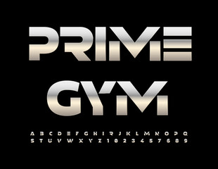 Vector marketing banner Prime Gym. Abstract style Font. Silver set of Alphabet Letters and Numbers