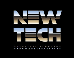 Vector modern sign New Tech with Reflective Iron Font. Futuristic Alphabet Letters and Numbers set