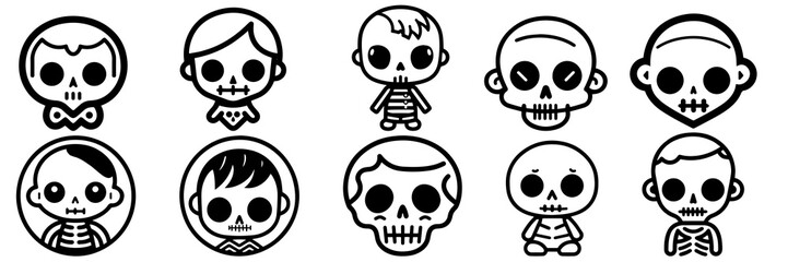 Kawaii skeleton silhouettes set, large pack of vector silhouette design, isolated white background